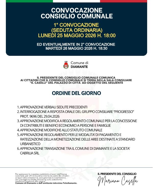CONVOCAZIONE CONSIGLIO COMUNALE comune di diamante